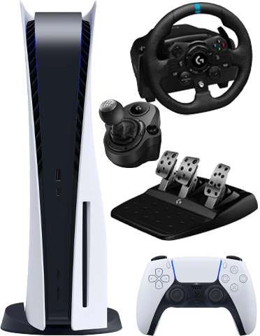 کنسول بازی سونی مدل PlayStation 5 Standard به‌همراه فرمان بازی لاجیتک مدل G923 و جعبه دنده لاجیتک مناسب برای PS5